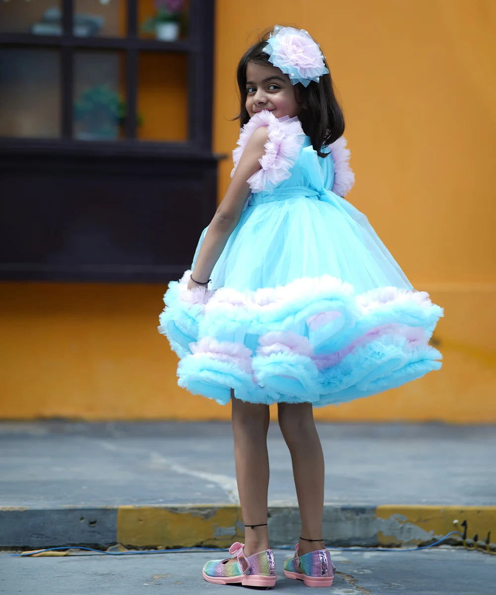 Buy Yellow Aqua Blue Frill Gown for Girls Online